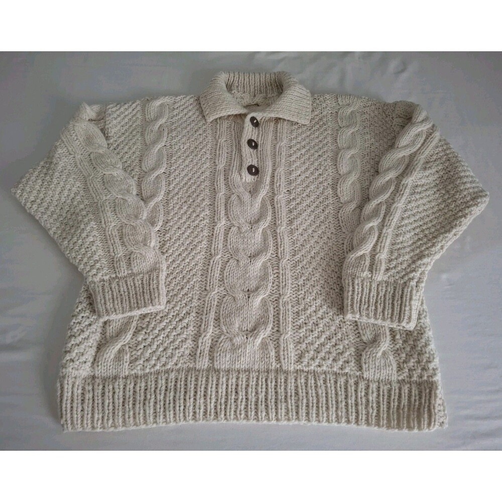 Vtg Handknit cream 100% Wool Cable Knit Fisherman's Sweater Pullover Buttons XL